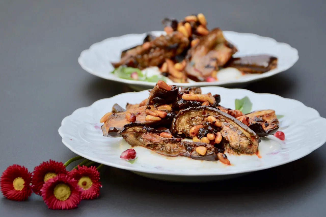 Aubergine with black garlic my way