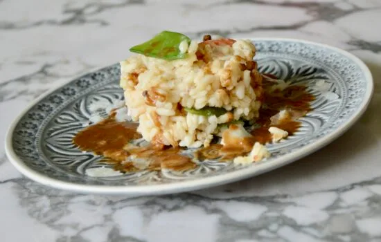 mon risotto aux crevettes, poivre de Sichuan et à la bisque de crustacés