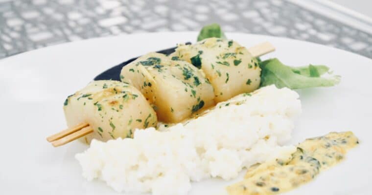 Lemongrass Scallops Skewers with Creamy Rice & Passion Fruit Sauce