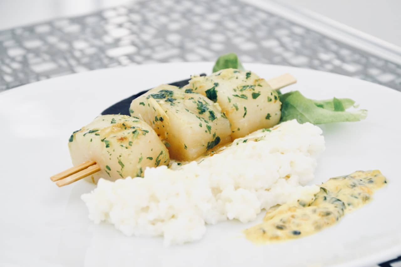 Lemongrass Scallops Skewers with Creamy Rice & Passion Fruit Sauce