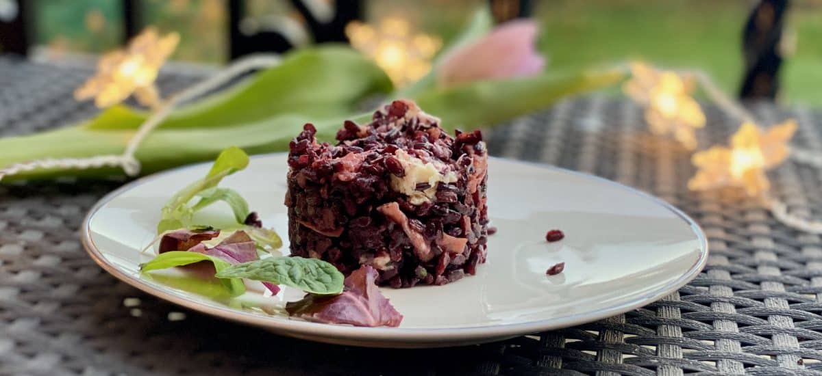 Forbidden Black rice with Gorgonzola and Speck