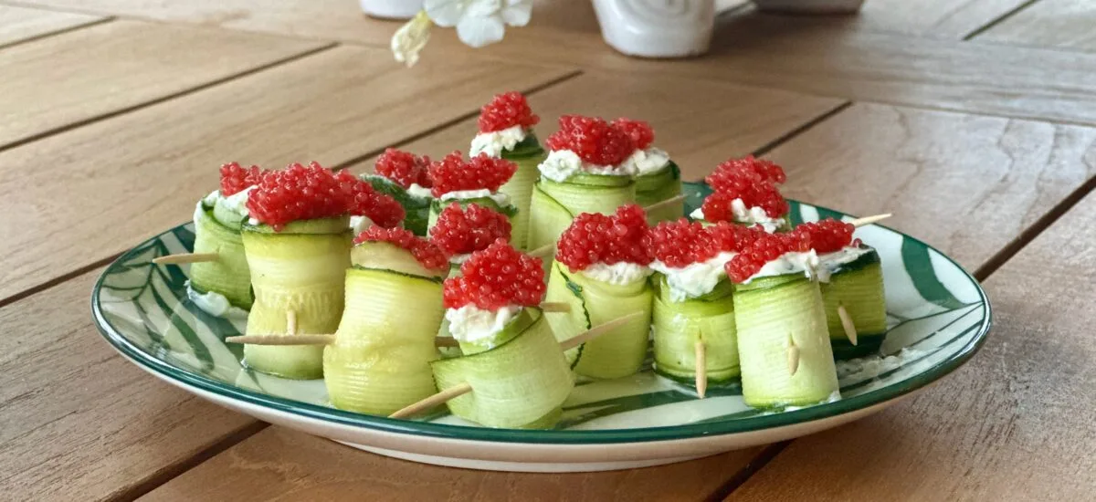 Zucchini rolls with goat cheese & lumpfish roe